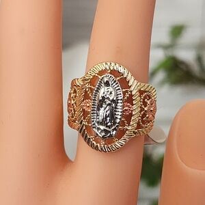 Gold Filled Ring Religious Mary with Flowers Size 8